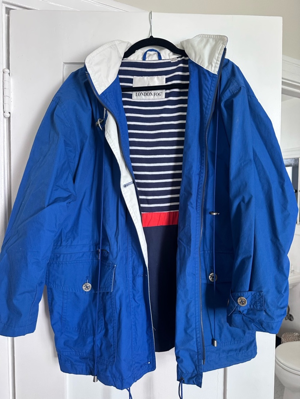 Vintage London Fog Blue Hooded Jacket with Navy Striped Liner and Red Accent